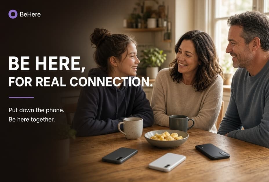 A family around the kitchen table, phones down