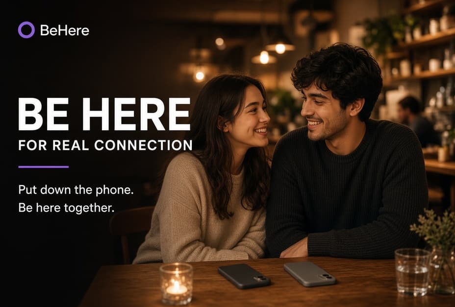 Four people talking at a cafe table, phones down
