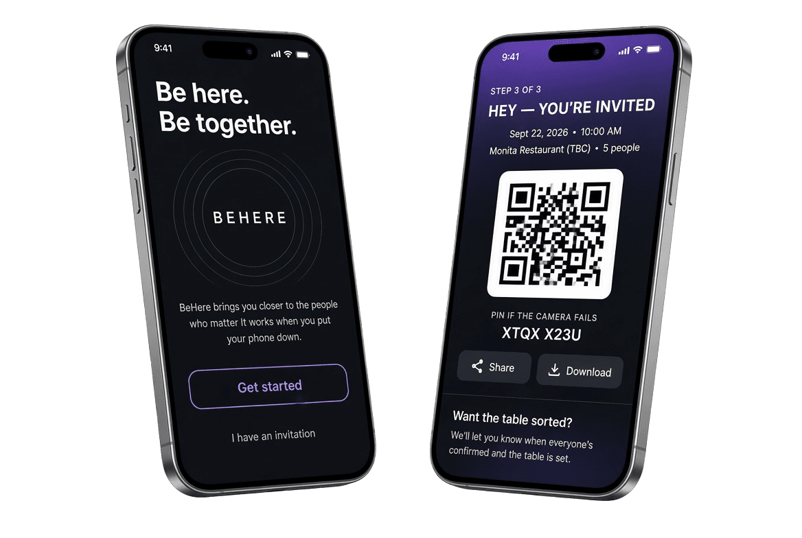 BeHere app invitation screen with QR code